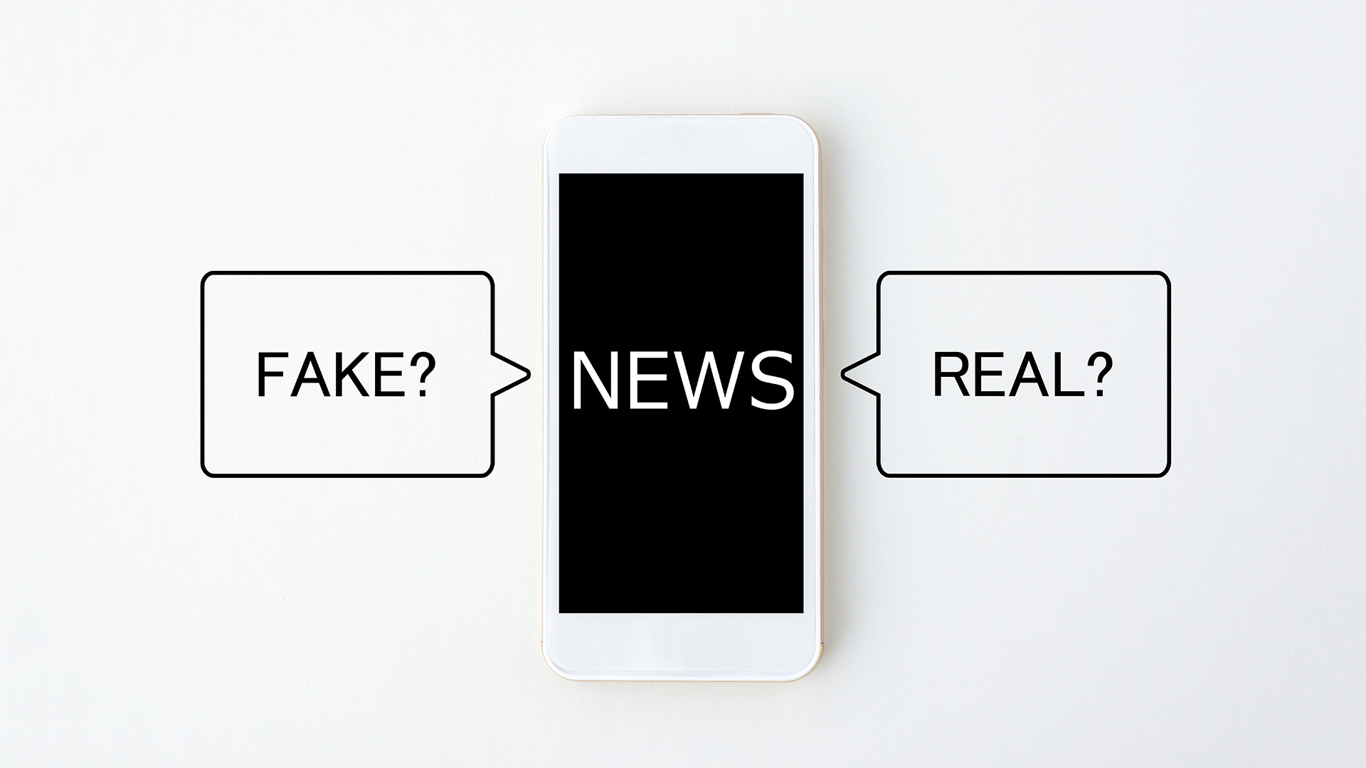 A smart phone with the word NEWS on the screen, with the words FAKE and REAL on either side of the phone.