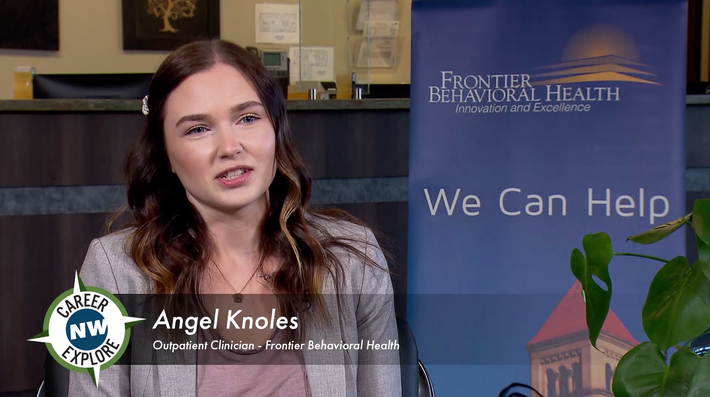 headshot of Angel Knowles along side a sign that reads 'We can help.'