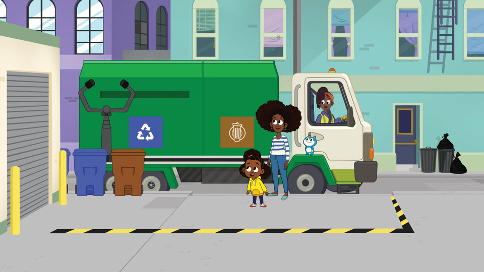 Lyla characters standing in front of a garbage truck.