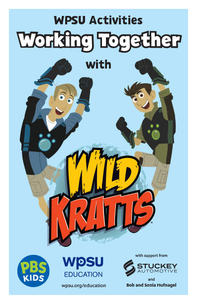 Cartoon characters from PBS Kids Wild Kratts jumping with fists in the air.