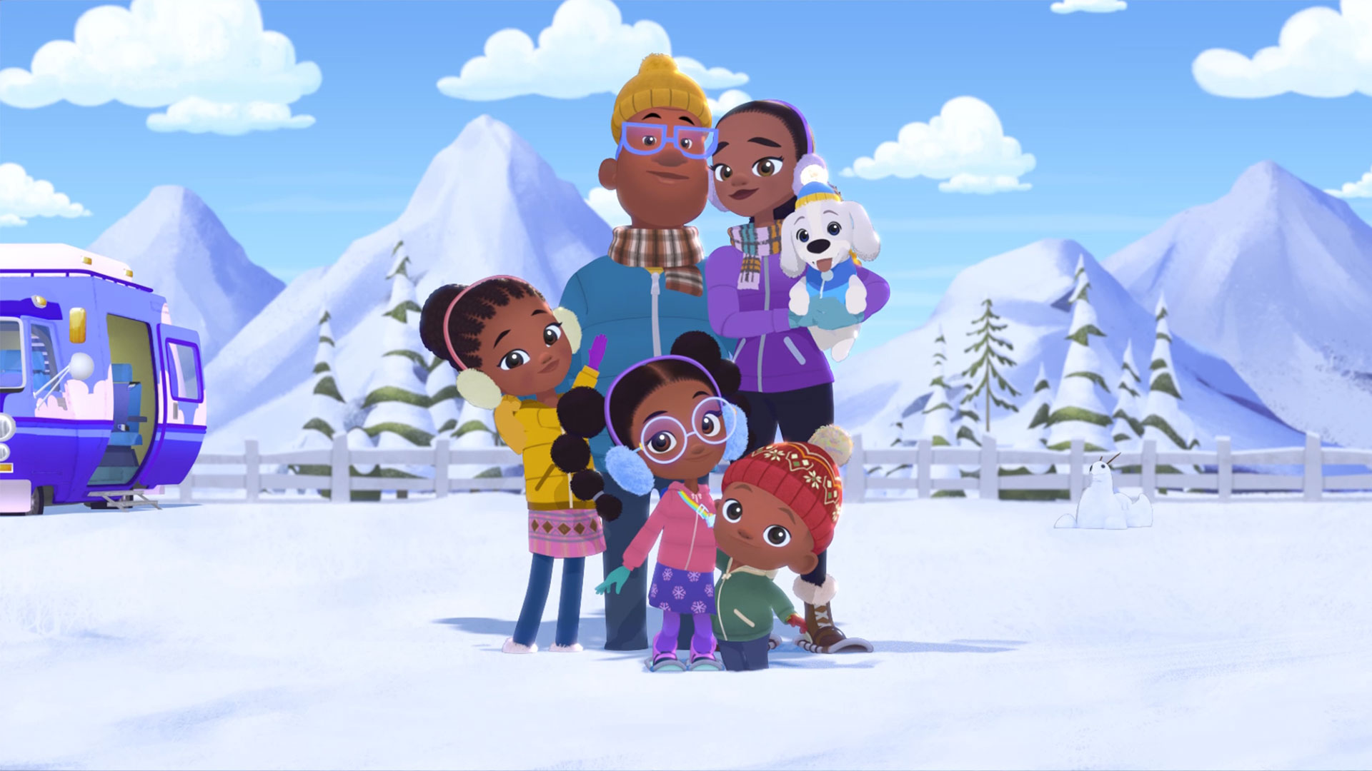 Cartoon characters The Hunter family in winter environment.