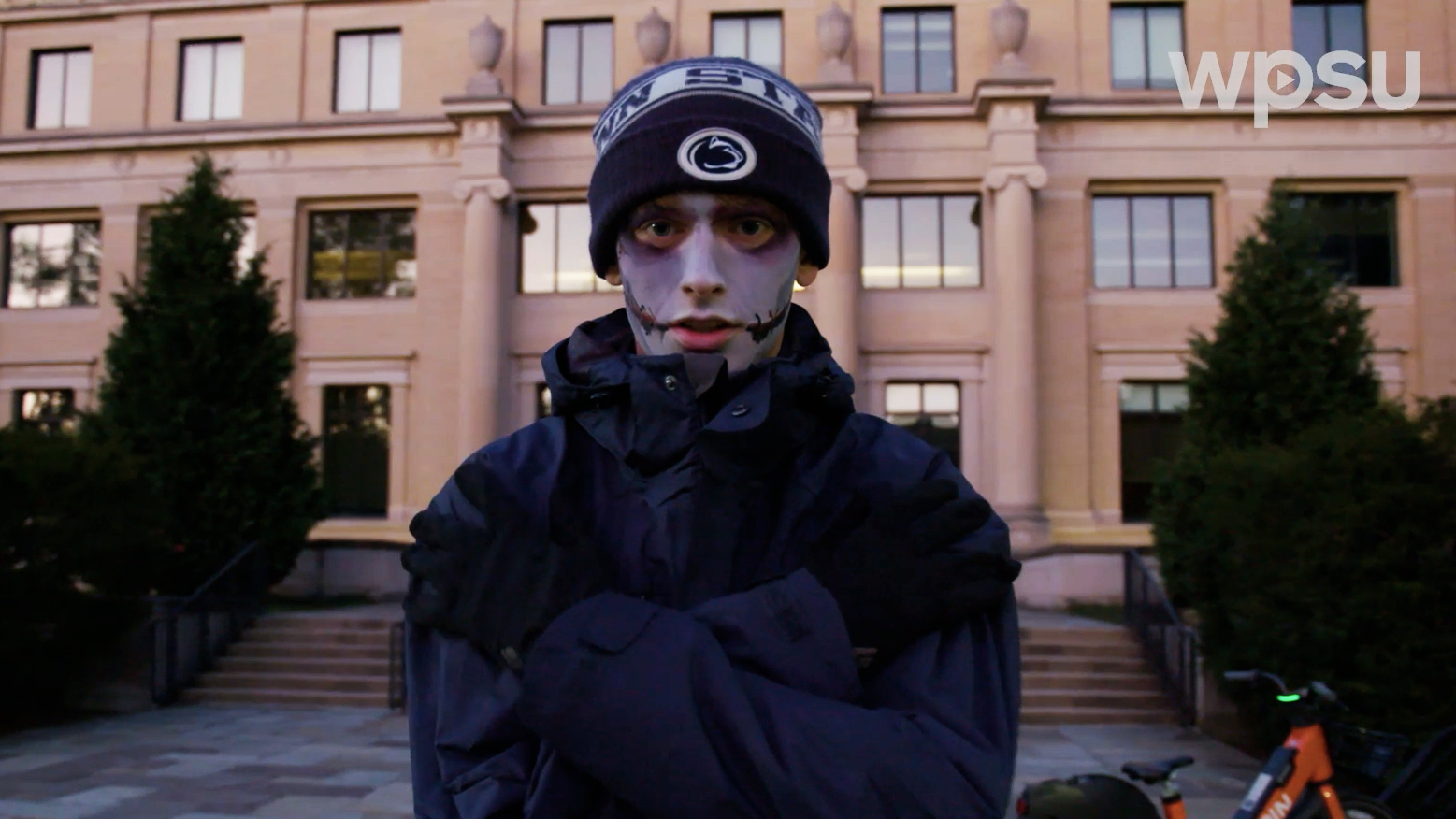 A Penn State student in Halloween makeup.