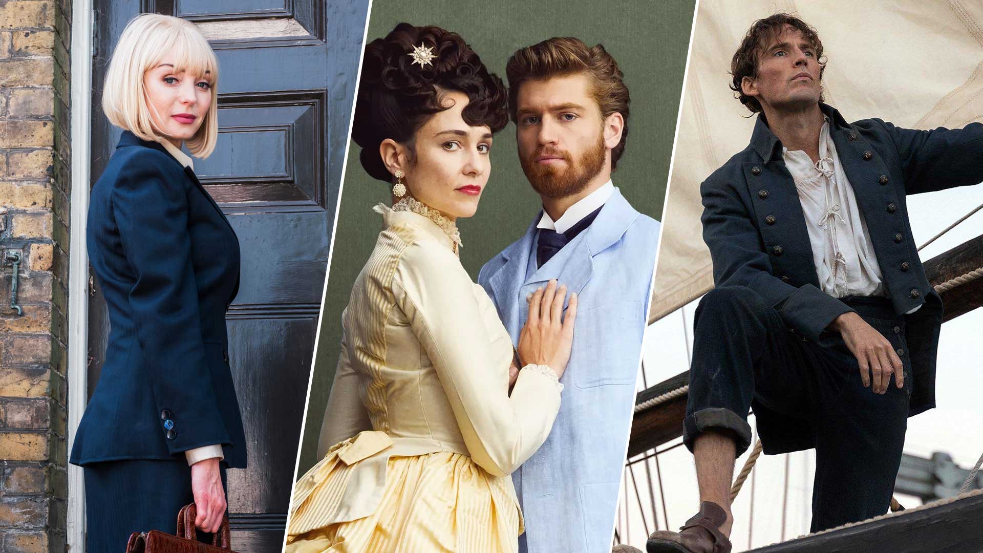 Split screen of characters from Call the Midwife, The Forsytes, and The Count of Monte Cristo