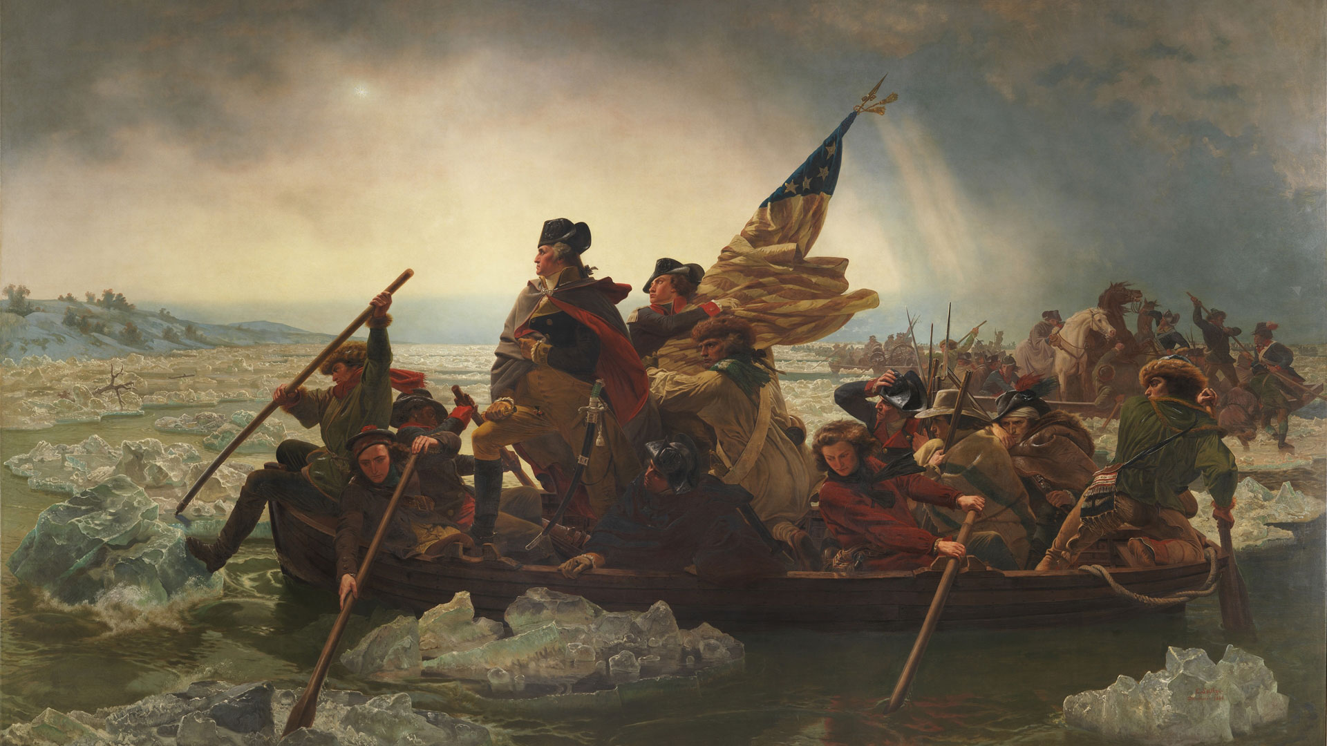 Famous painting featuring George Washington an revolution soldiers in a boat rowing across the Delaware river.