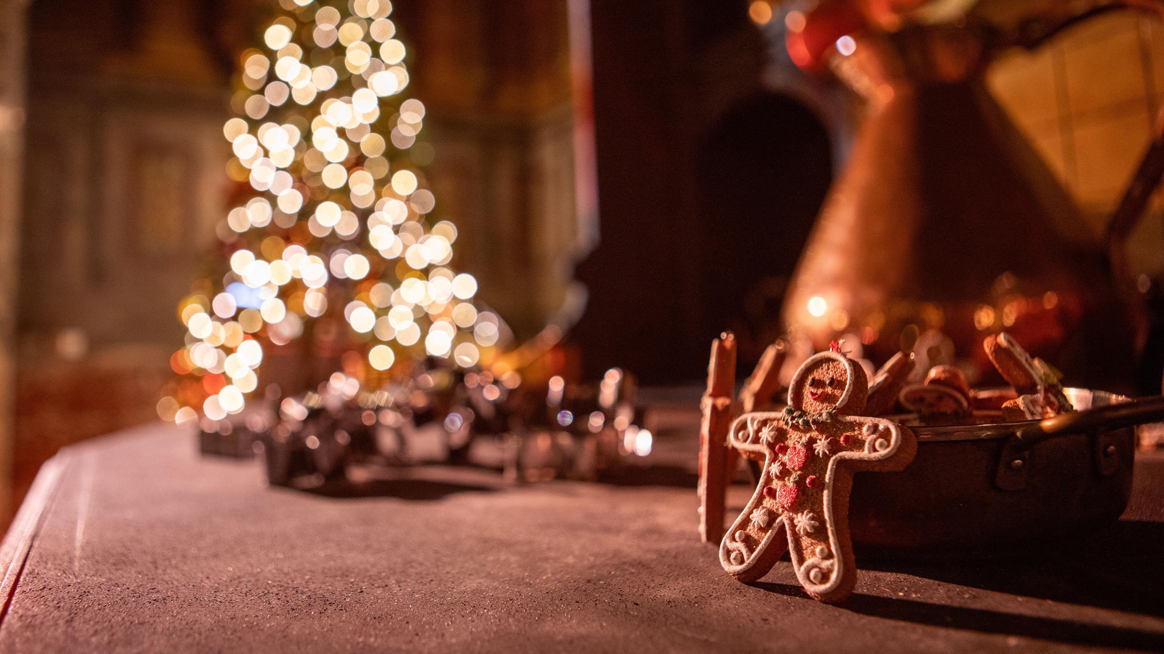 Gingerbread man cookie with Christmas tree in background.