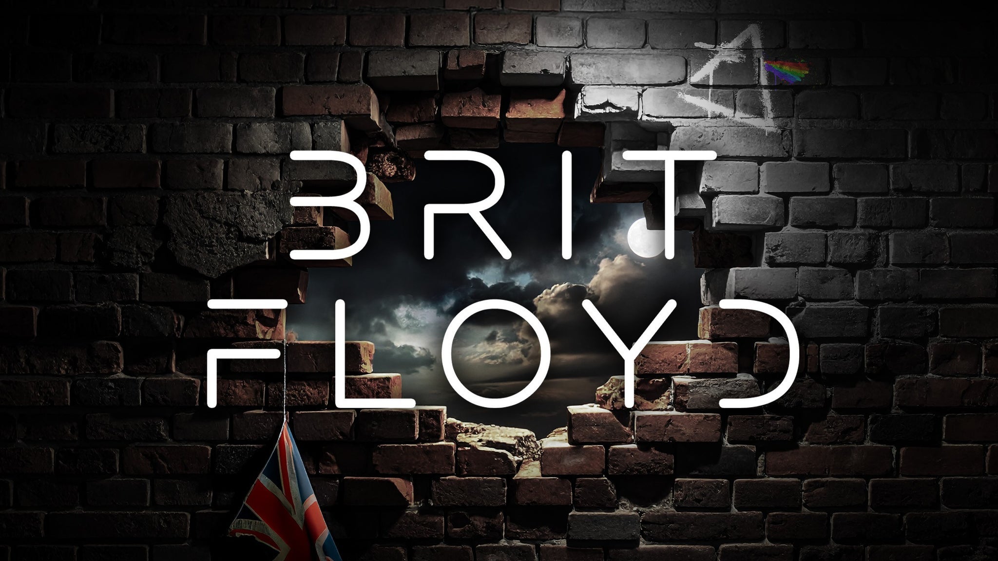 Text BRIT FLOYD in front a hole in a brick wall.