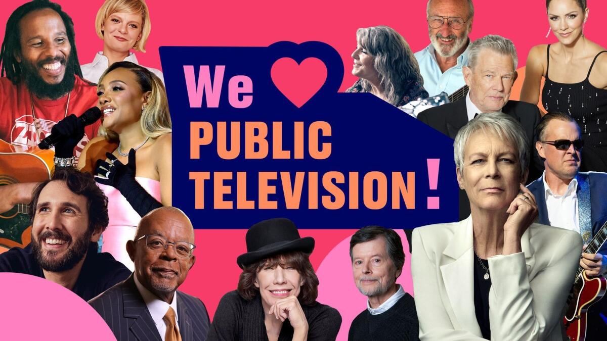 collage of various celebrities around text reading We Heart Public Television.