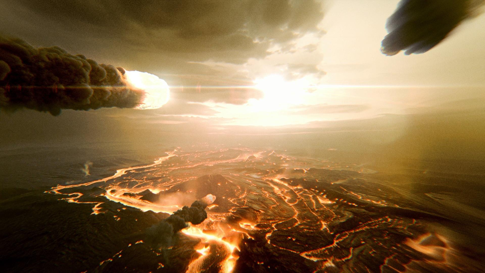 Rendering of fiery landscape with asteroids falling from sky.