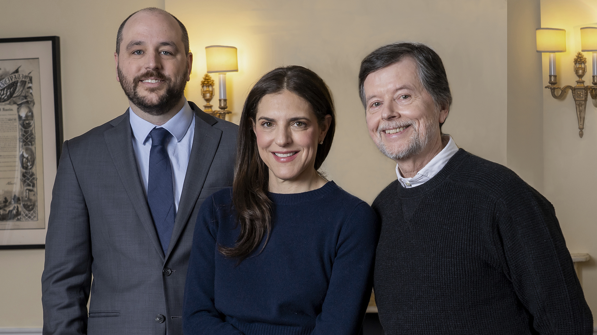 Portraits of Ken Burns, Sarah Botstein, and David Schmidt
